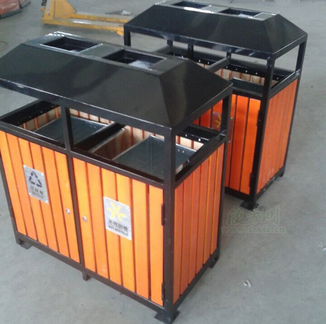 戶外環(huán)保鋼木分類(lèi)垃圾桶工廠生產(chǎn)圖